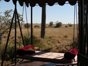 A swing on the deck of the mess tent at Jack's Camp in the Kalahari adds a whimsical air.