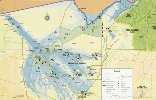 An aerial map of the Okavango Delta, Botswana, showing the locations of safari camps.