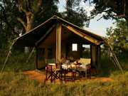 The exterior of a unique hexagonal Discoverer tent in the Okavango Delta, Botswana.